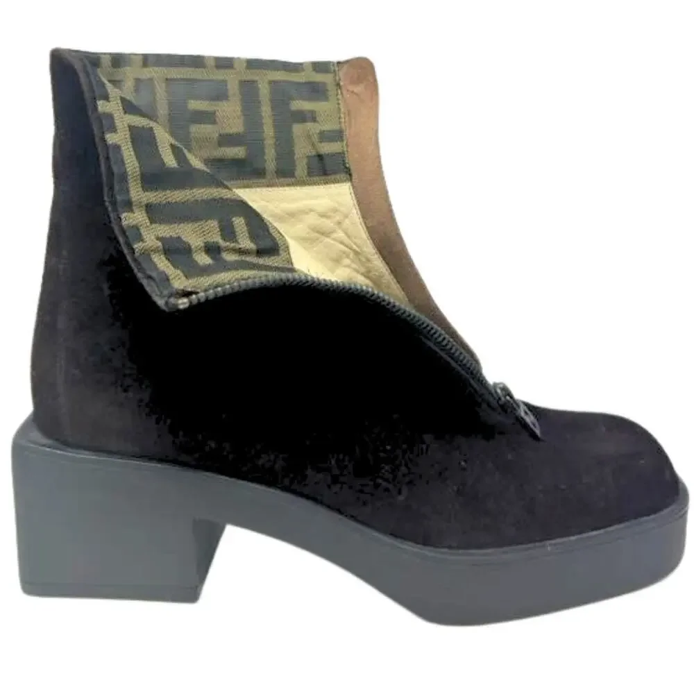 Fendi Boots FF Logo Chunky Platform Zucca Brown Monogram Ankle‎ Chelsea Shoes 7